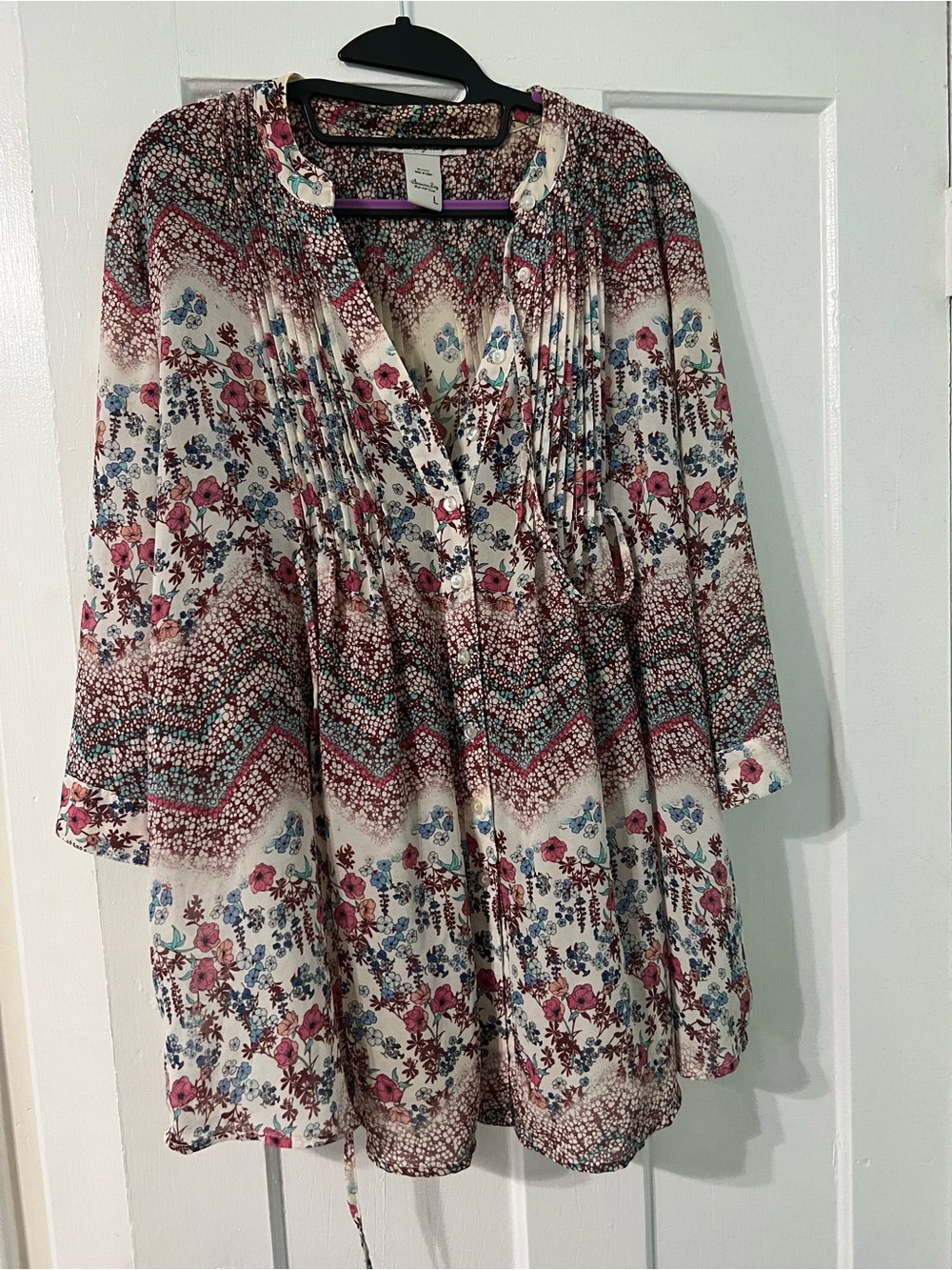 American Rag Pleated Floral Blouse in Burgundy, Cream & Teal